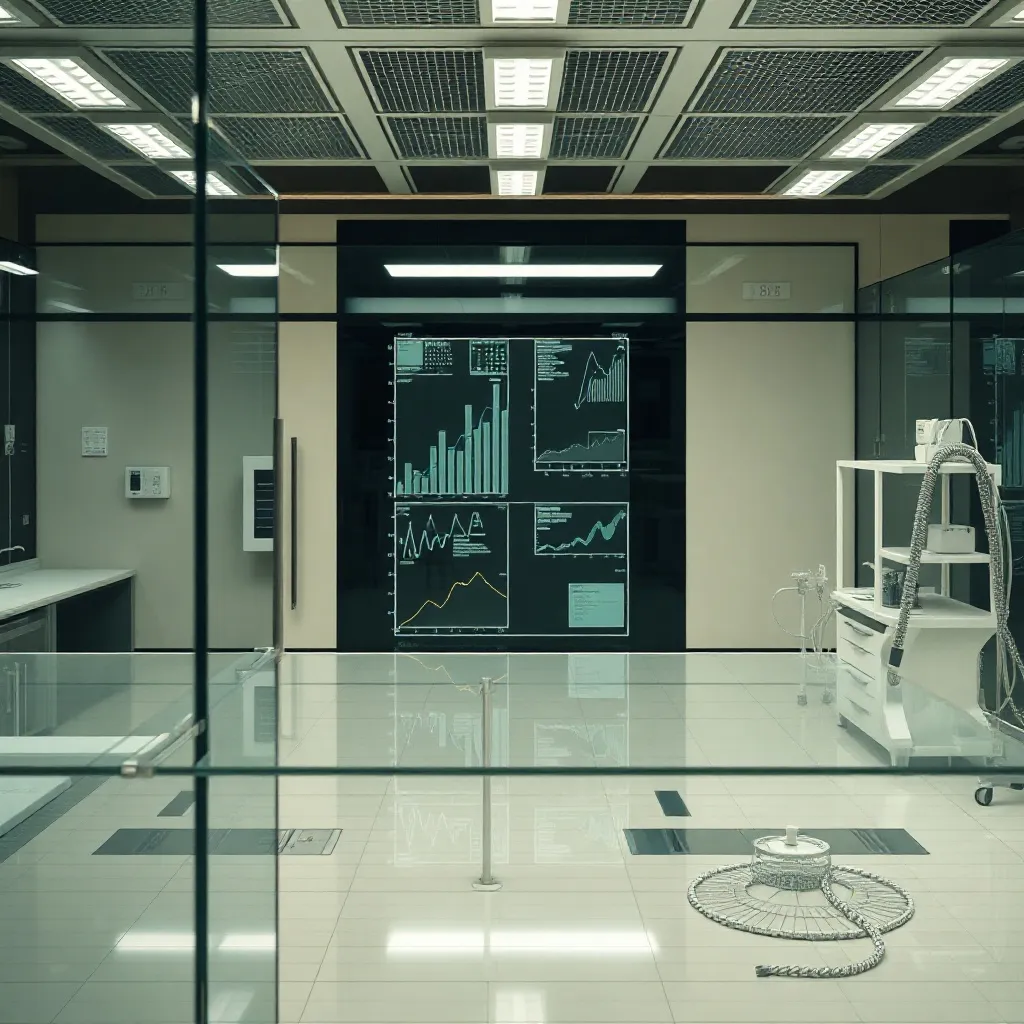 A high-tech laboratory setting with clean glass surfaces, te